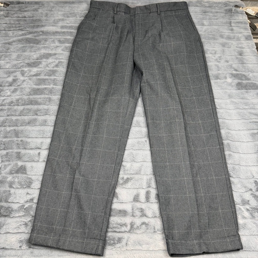 Nautica Mens Gray Windowpane Plaid Wool Blend Pleated Cuffed Dress Pants 38x30